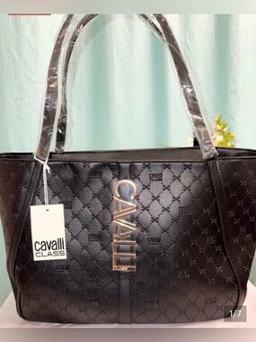 Cavalli Class Black Quilted Tote with Gold Logo